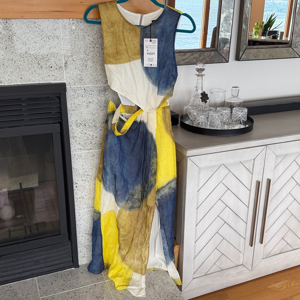 Zara Ramie Colorblock Sleeveless Maxi Dress in Yellow, Navy & White